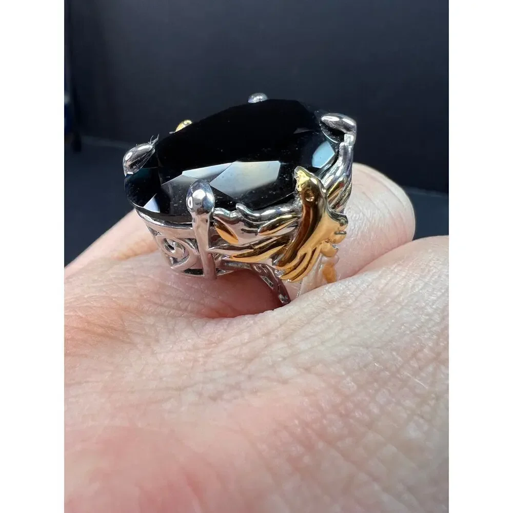 NEW Black spinel Phoenix ring in rhodium and vermeil over sterling silver size 7